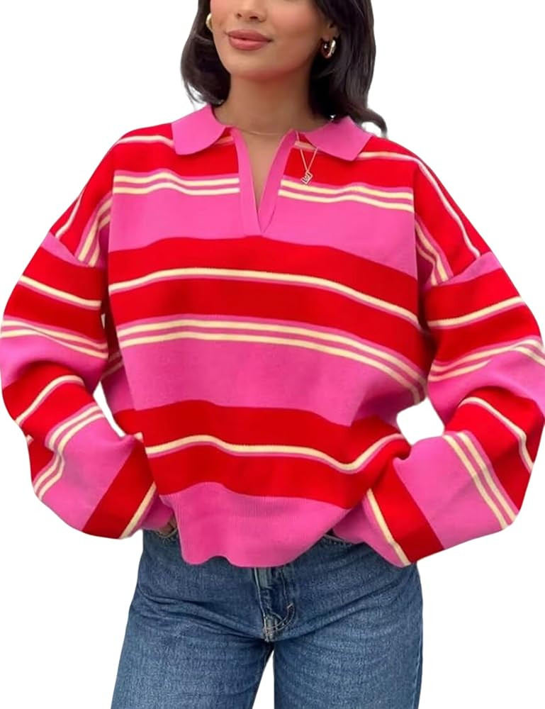 Womens Striped Sweaters Fall Pullover V Neck Knit Tops Lightweight Color Block Spring Jumper Tops | Amazon (US)