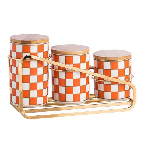 XYQXYQ Kitchen countertop ceramic grid pattern airtight jar set - a set of 3 kitchen jars with layered shelves, sealed countertop flour and sugar containers, coffee and tea storage (Orange) | Amazon (US)