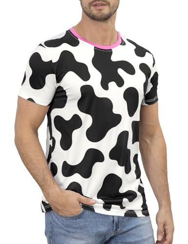 Funny World Cow Print Shirt Men Animal Costume Pink Collar Farm Western T-Shirt, Cow, Large | Amazon (US)
