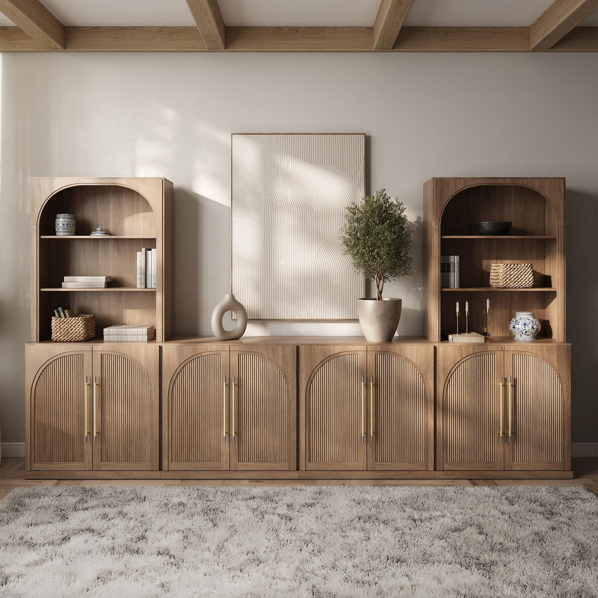 BELLEZE 6-Piece Modular TV Stand, Entertainment Center with Double-Arc Wood Door and Storage Hutc... | Amazon (US)