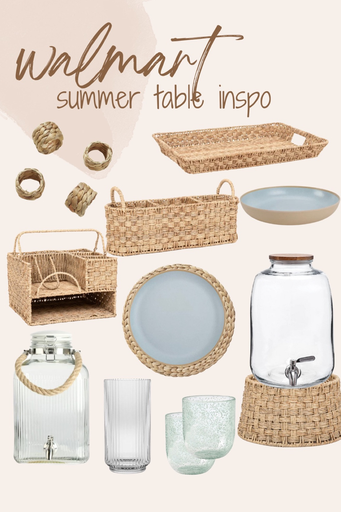Walmart summer table inspo 
All of this is perfect for a summer tablescape - better homes and gardens - glass drink dispenser - plates - glasses - silverware holder - rattan tray - table chargers - rattan napkin rings 

#LTKunder50 #LTKSeasonal #LTKhome