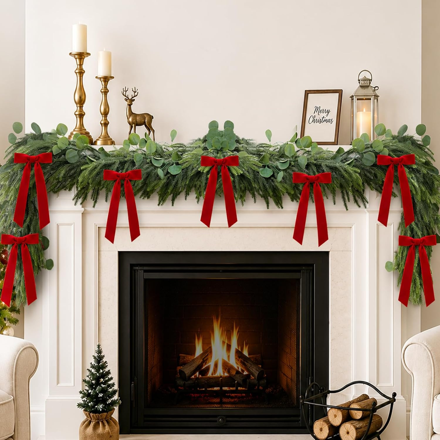 Christmas Decorations, 6FT Norfolk Pine Garland with Red Velvet Ribbon Bows | Amazon (US)