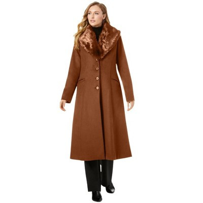 Jessica London Long Wool-Blend Coat With Faux Fur Collar - 12, Cognac | Target