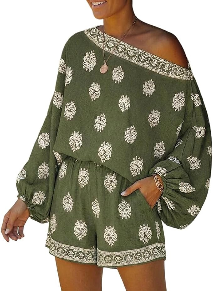 CHICME Women's 2 Piece Boho Outfit Lantern Sleeve Linen Top and Shorts Set Beach Vacation Summer ... | Amazon (US)