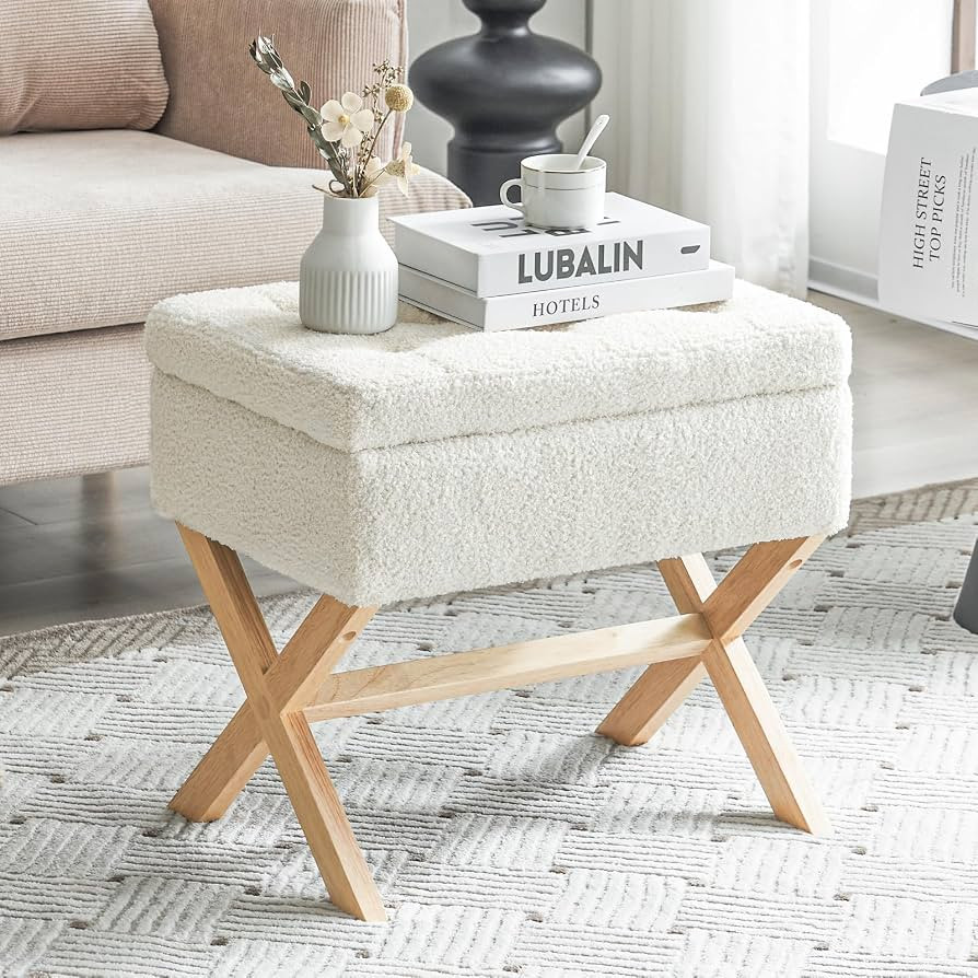 Furniliving Faux Fur Foot Stool Chair, 15” L x 20.5” W x19” H Square Ottoman with Storage, ... | Amazon (US)