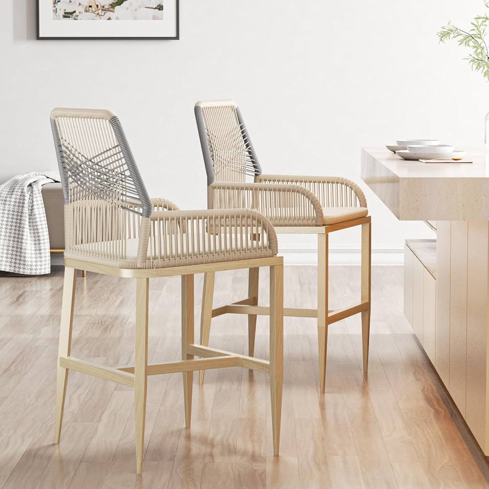 Bar Stools Set of 2, Counter Height Barstools with Backrest and Cushion, Modern Rattan Wicker Pat... | Amazon (US)