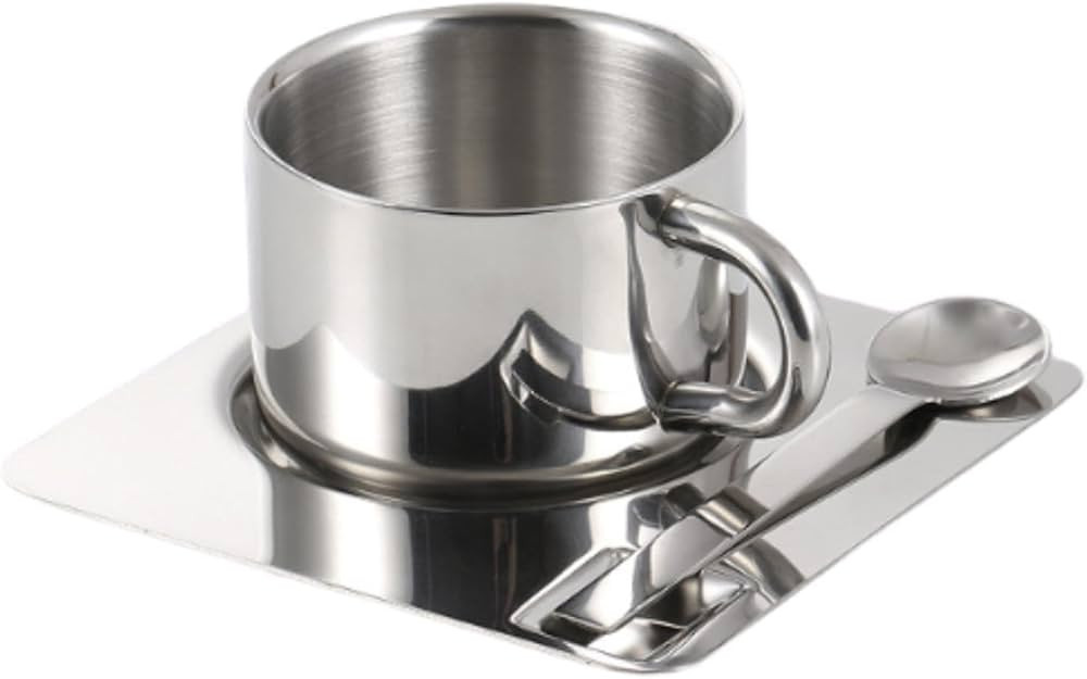 Coffee Cup Spoon and Saucer Set Coffee Mug Stainless Steel Milk Cup Tea Cup for Camping | Amazon (US)