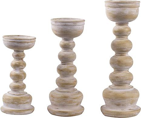 JIXIN Wood Look Antique Wash Finish Pillar Candle Holders Set of 3, Ideal for LED and Pillar Cand... | Amazon (US)