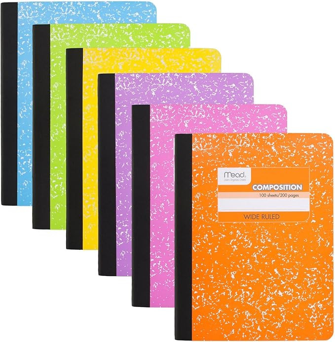 Mead Composition Notebook, 6 Pack, Wide Ruled Paper, 7-1/2" x 9-3/4", 100 Sheets per Comp Book, A... | Amazon (US)