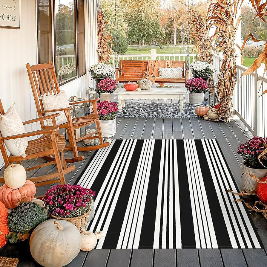 KOZYFLY Black and White Striped Outdoor Rug 4x6 Ft Area Rug Washable Indoor Outdoor Rug Hand Wove... | Amazon (US)