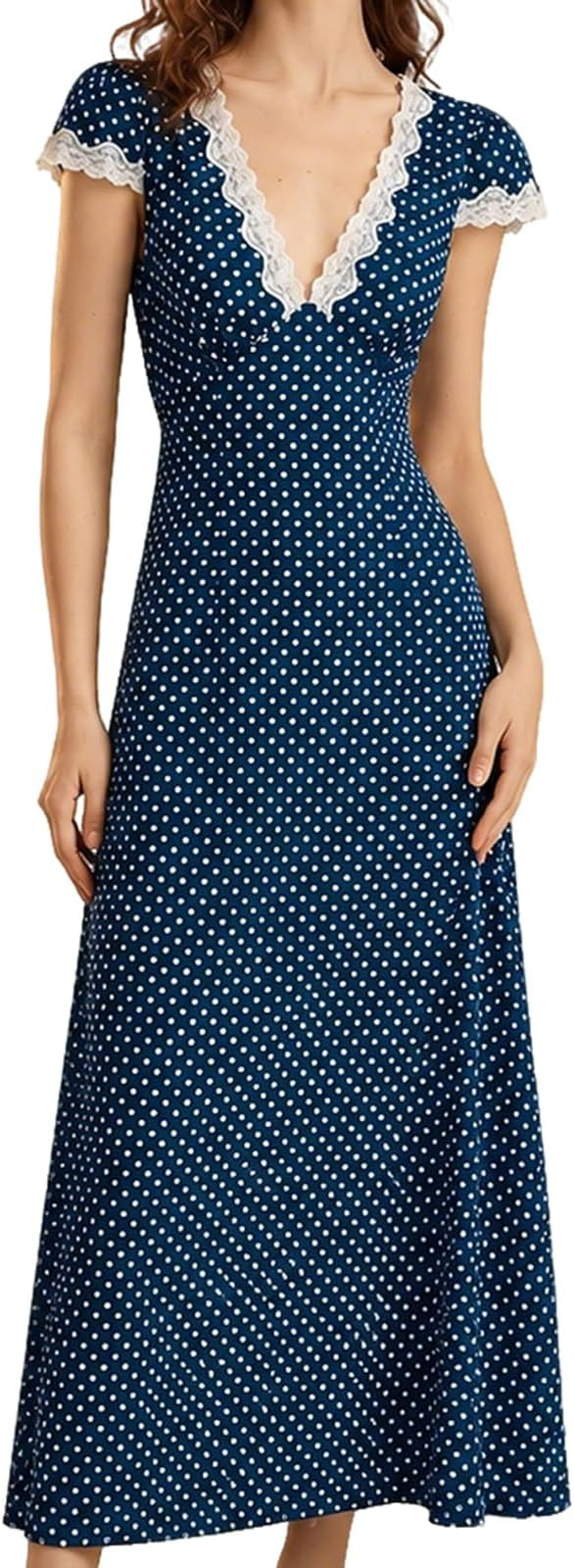 Women Summer Dresses Deep V Neck Polka Dot Prined Splice Lace Dress Elegant for Party | Amazon (US)