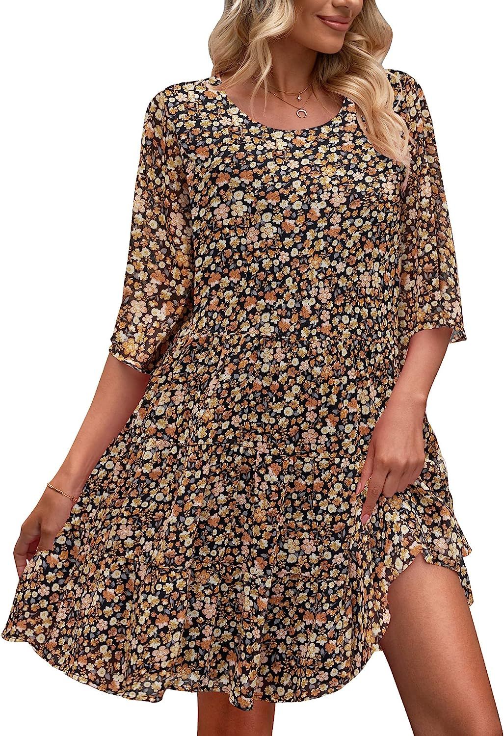 LookbookStore Floral Babydoll Dress for Women Chiffon Cute Flowy Summer Beach Short Dresses with ... | Amazon (US)