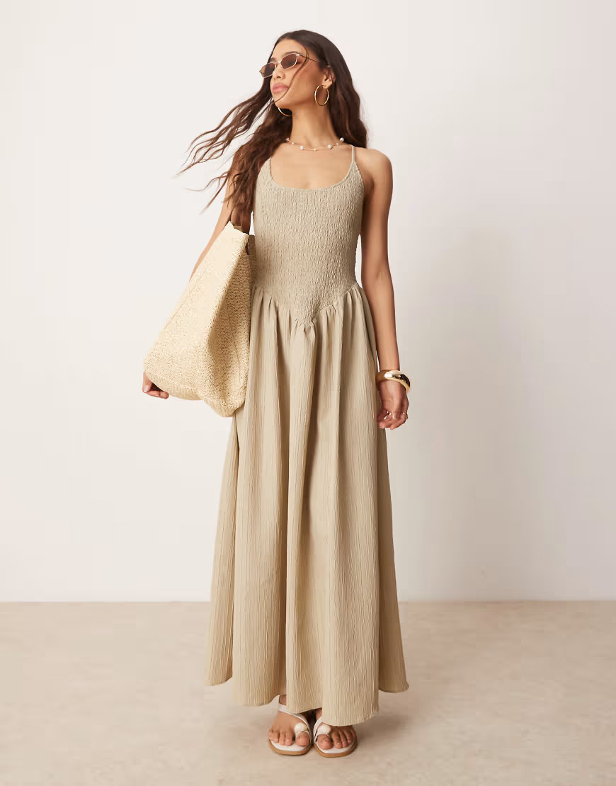 ASOS DESIGN scoop neck crinkle maxi dress with cross back in sand-Pink | ASOS (Global)