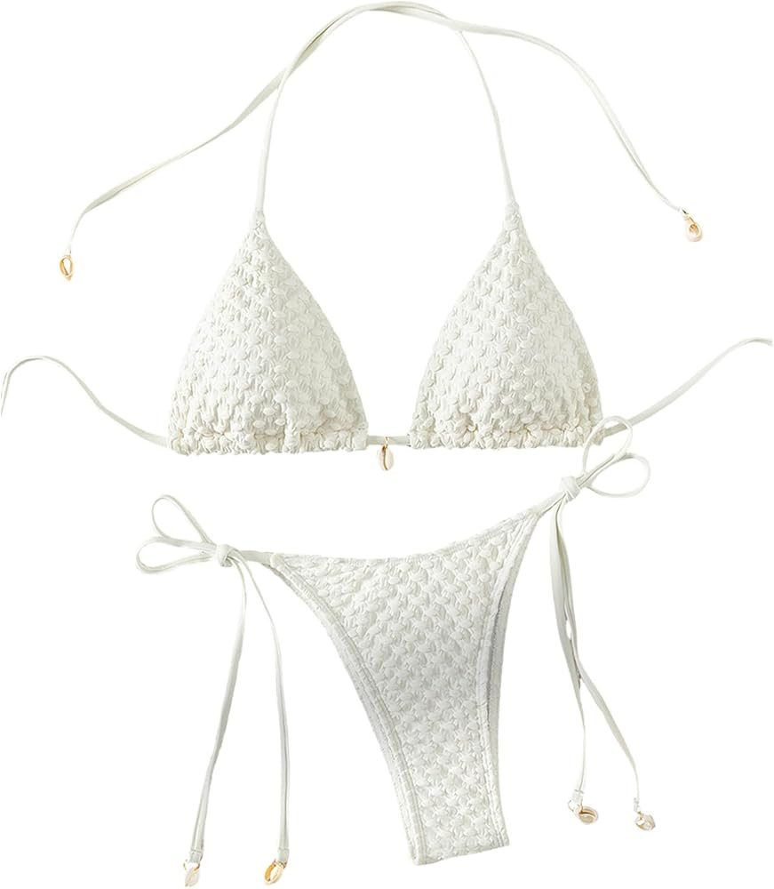 SHENHE Women's 2 Piece Halter Swimsuit Textured Tie Side Triangle Bikini Bathing Suit | Amazon (US)