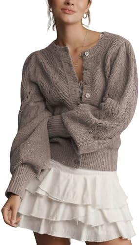 MINSURE Women Pointelle Knit Lightweight Cardigan Puff Sleeve Scalloped Trim Button Down Open Fro... | Amazon (US)