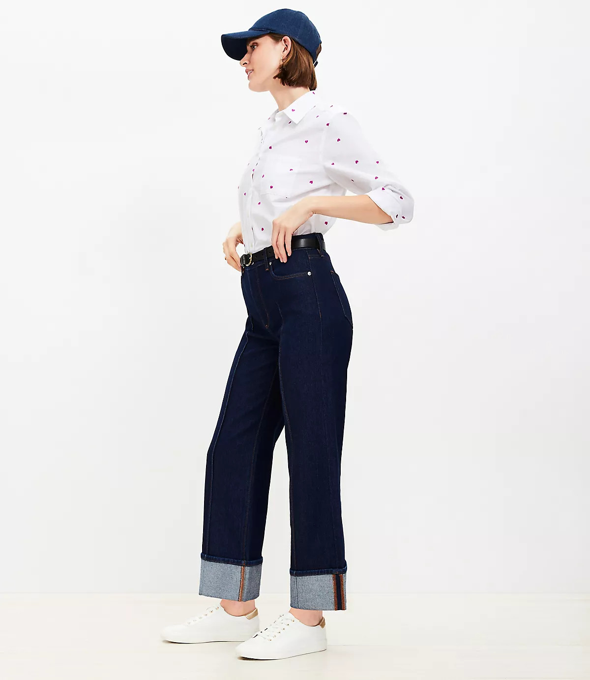 Pintucked Cuffed High Rise Wide Leg Crop Jeans in Dark Rinse | LOFT
