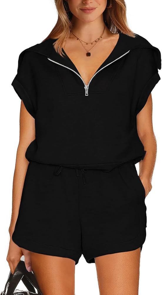 WIHOLL Womens Two Pieces Outfits Summer Half Zip Lapel Collar Short Sleeve Sweatshirt Lounge Set ... | Amazon (US)