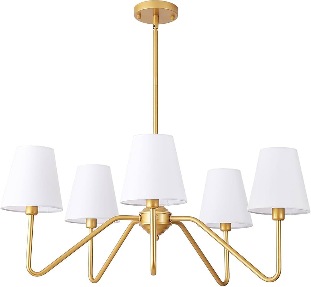 9MMML 30.5" 5 Arms Gold Chandelier, 5 Lights Kitchen Island Lighting with White Fabric Shade,Dini... | Amazon (US)