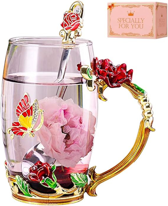 Birthday Gifts For Women,Enamel Butterfly Flower Glass Tea Cup Rose Red Coffee Mug,Cute Gifts For... | Amazon (US)