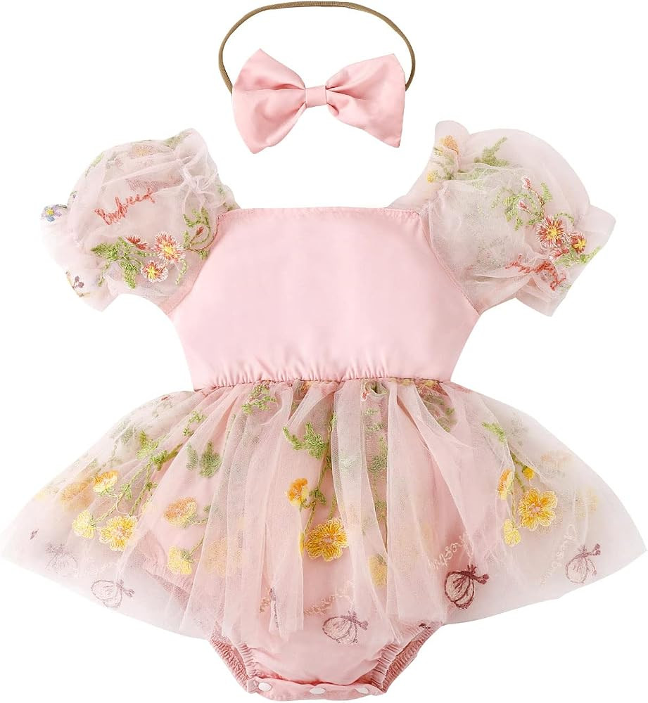 ODASDO Dresses for Baby Girls Birthday Party Newborn Princess Romper Flower Embroidery Short Slee... | Amazon (US)