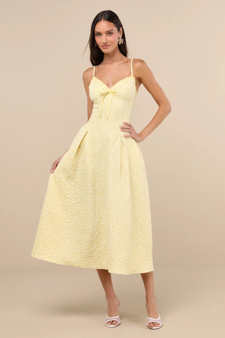 Ninetta Light Yellow Floral Jacquard Lace-Up Midi Dress | Lulus