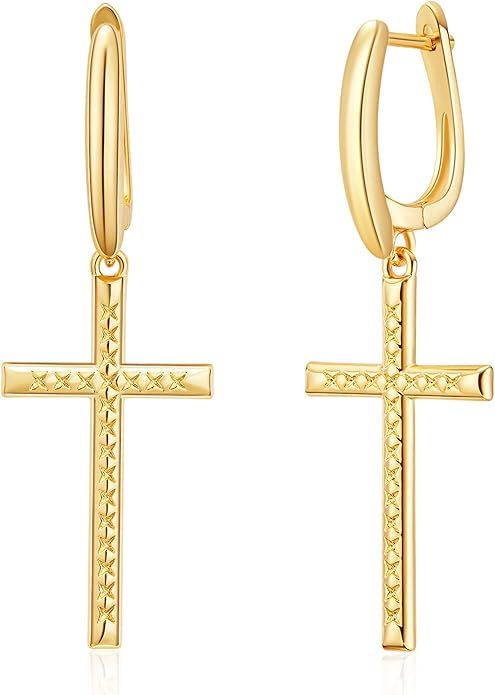 Cross Hoop Earrings 14K Gold Plated Cubic Zirconia Tiny Huggie Religious Earrings Jewelry for Wom... | Amazon (US)