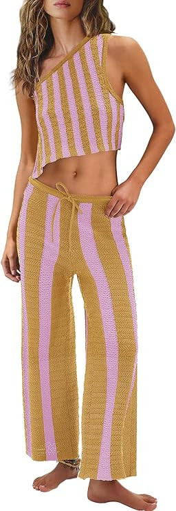 Nirovien Womens Striped Two Piece Sets Summer Matching Set One Shoulder Top and Wide Leg Pants Se... | Amazon (US)