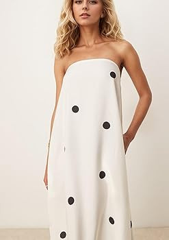 calbatic Women Polka Dot Strapless Maxi Dress Summer Flowy Ruffle A Line Backless Off Shoulder Lo... | Amazon (US)