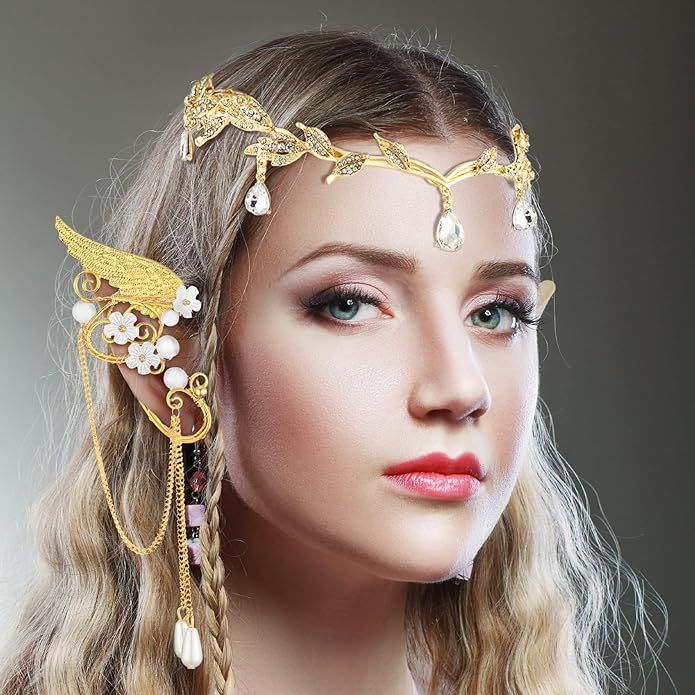 Rhinestone Fairy Leaf Headband Elf Ear Cuffs Crown Elf Earring Accessory for Fairy Cosplay Pagean... | Amazon (US)