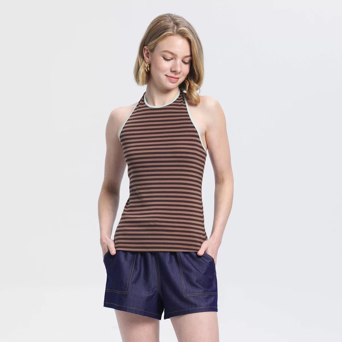 Women's Slim Fit Halter Top - A New Day™ Brown Striped M | Target