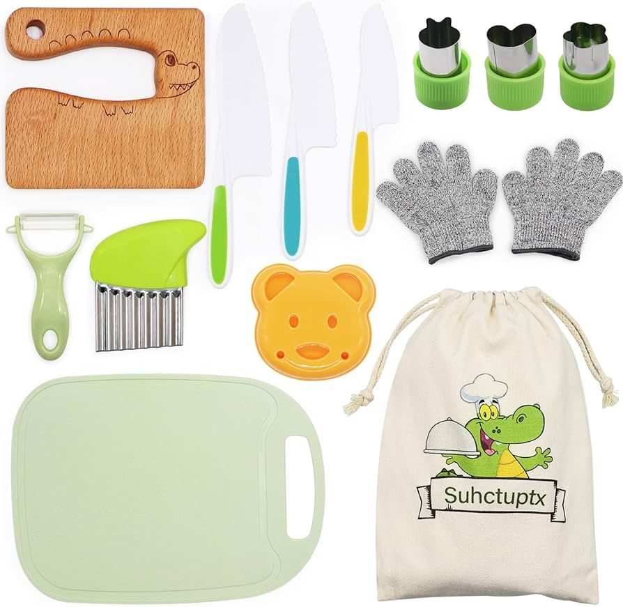 Suhctuptx 14 Pieces Wooden Kids Kitchen Knife Set with Gloves Cutting Board Fruit Vegetable Crink... | Amazon (US)