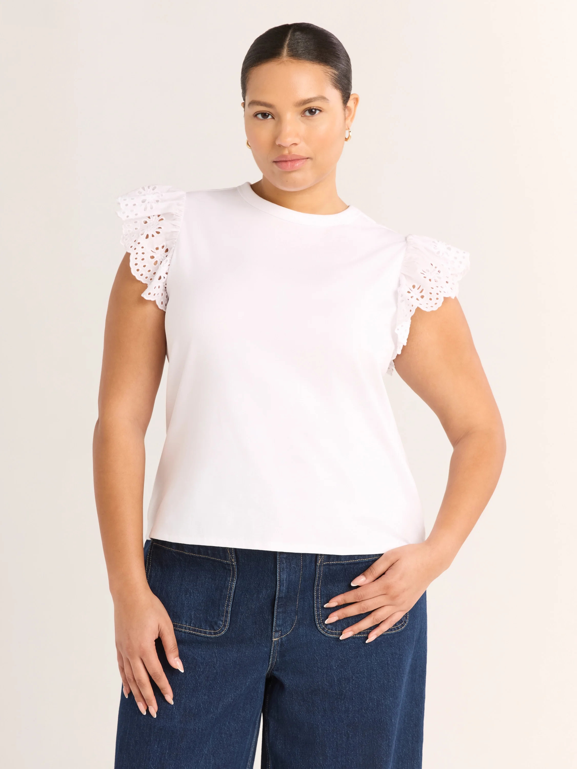 Free Assembly Women's and Women's Plus Eyelet Flutter Sleeve Tee, Sizes XS-4X - Walmart.com | Walmart (US)