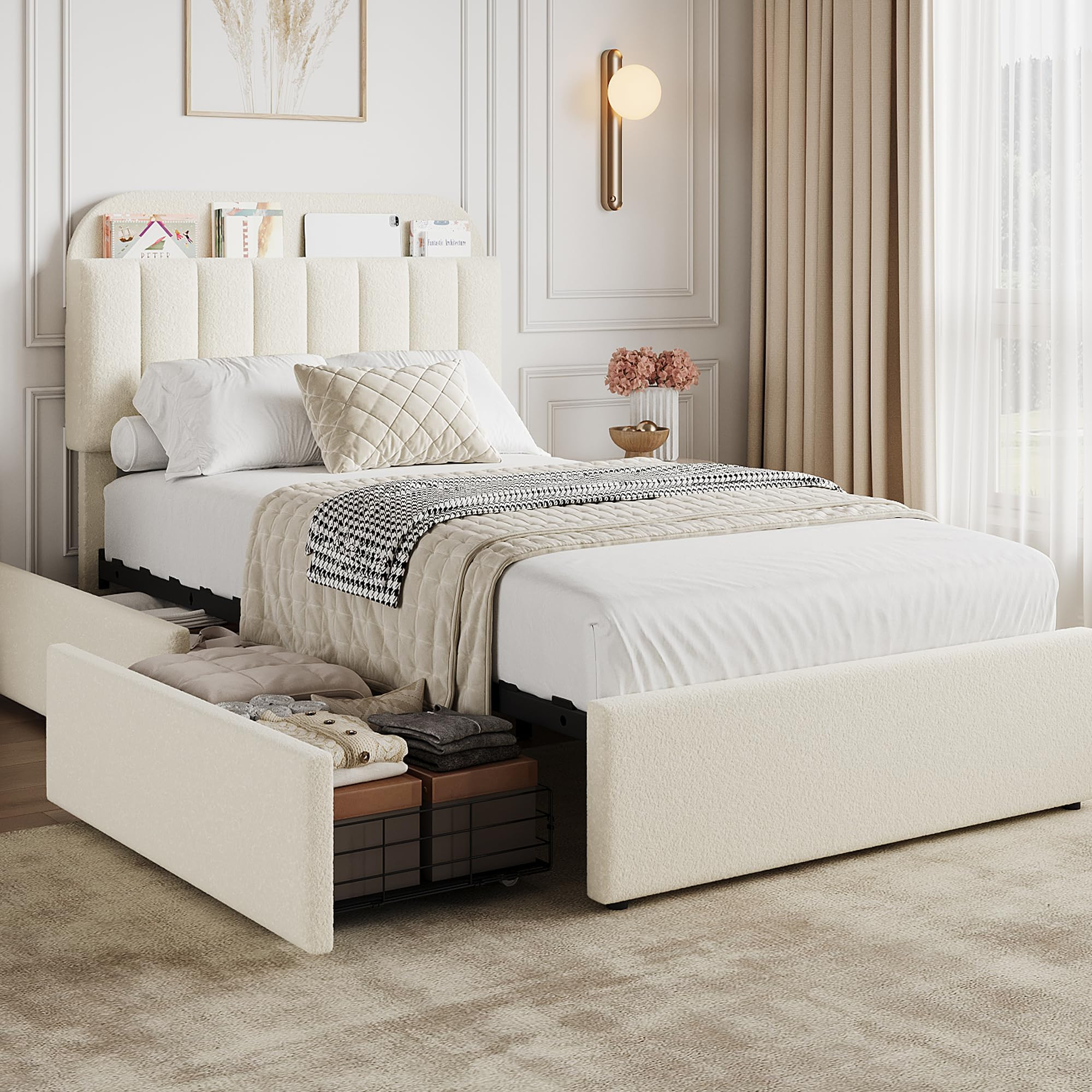 GarveeHome Twin Bed Frame with Storage Headboard, Kids Bed Frame with 2 Drawers, Boucle Upholster... | Amazon (US)