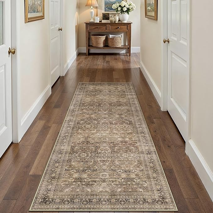 HUGEAR 2x6 Runner Rug Hallway Vintage Brown Machine Washable Retro Floral Low Pile Carpet Vacuuma... | Amazon (US)