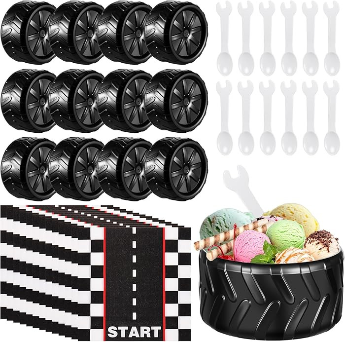 Uiifan 12 Set Truck Wheel Ice Cream Bowls Spoon Napkin Set, Disposable Racing Car Napkins, Racing... | Amazon (US)