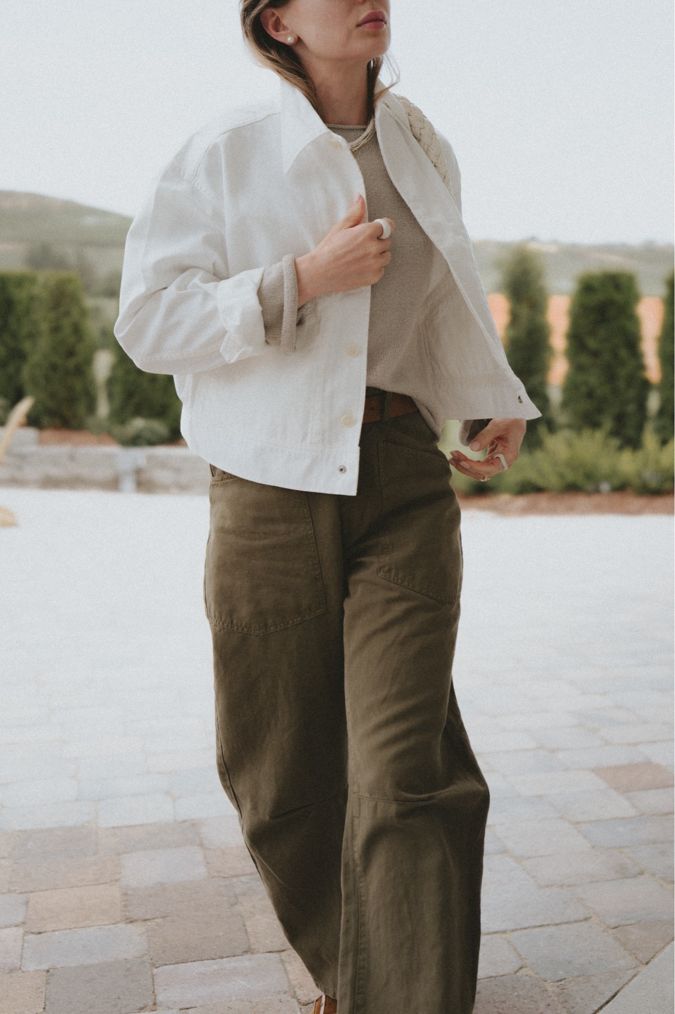 Work or play: Olive green linen pants (Nili Lotan Shon) + white denim jacket (Buck Mason at Ease cotton cropped deck jacket).

#LTKootd #LTKWorkwear #LTKTravel