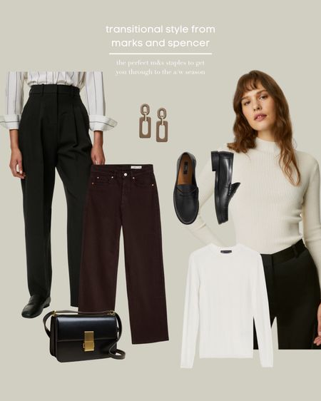 transitional style, autumn style, black trousers, high waisted trousers, jeans, brown jeans, white top, fitted top, cream top, neutral top, loafers, chunky loafers, comfy loafers, classic bag, black bag, marks and spencer bag.

#LTKSeasonal #LTKfindsunder50 #LTKfindsunder100