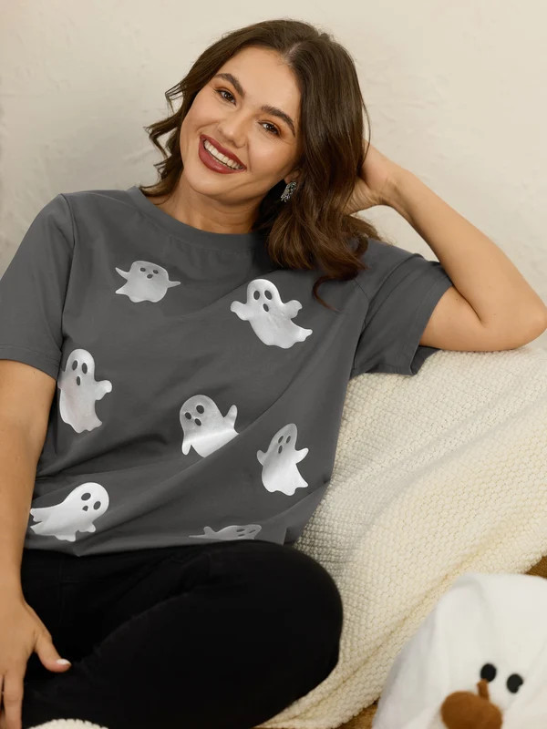 Stretch Crew Neck Ghost Print T‑Shirt | Bloomchic