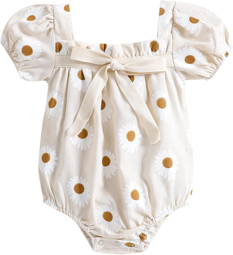 Tsnbre Newborn Baby Girl Romper Daisy Print Short Sleeve Bodysuit Jumpsuit Summer Clothes | Amazon (US)