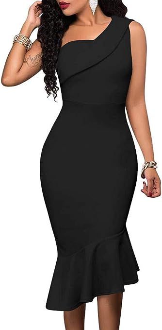 WHONE Women's Sexy One Shoulder Formal Ruffle Bodycon Fishtail Cocktail Party Midi Dress | Amazon (US)