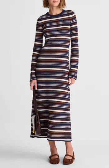 Madewell Crewneck Long Sleeve Merino Wool Sweater Maxi Dress in Brown Multi Stripe at Nordstrom Rack, Size Xx-Small | Nordstrom Rack