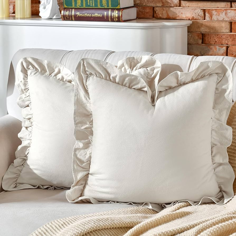 AmHoo Pack of 2 Throw Pillow Covers 100% Cotton Pre Washed Ruffle Decorative Pillowcase Cushion f... | Amazon (US)