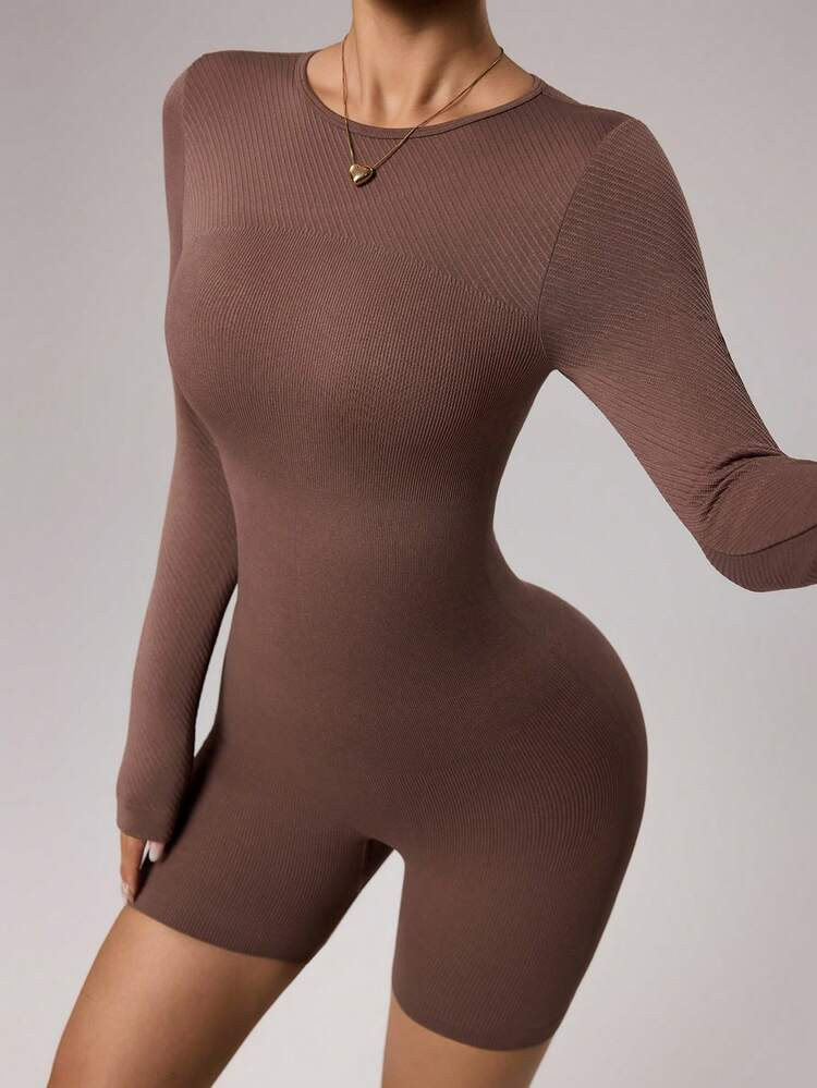 Dewbera Women's Solid Color Ribbed Knit Backless Long Sleeve Romper, Suitable For Spring, Summer, Autumn | | SHEIN