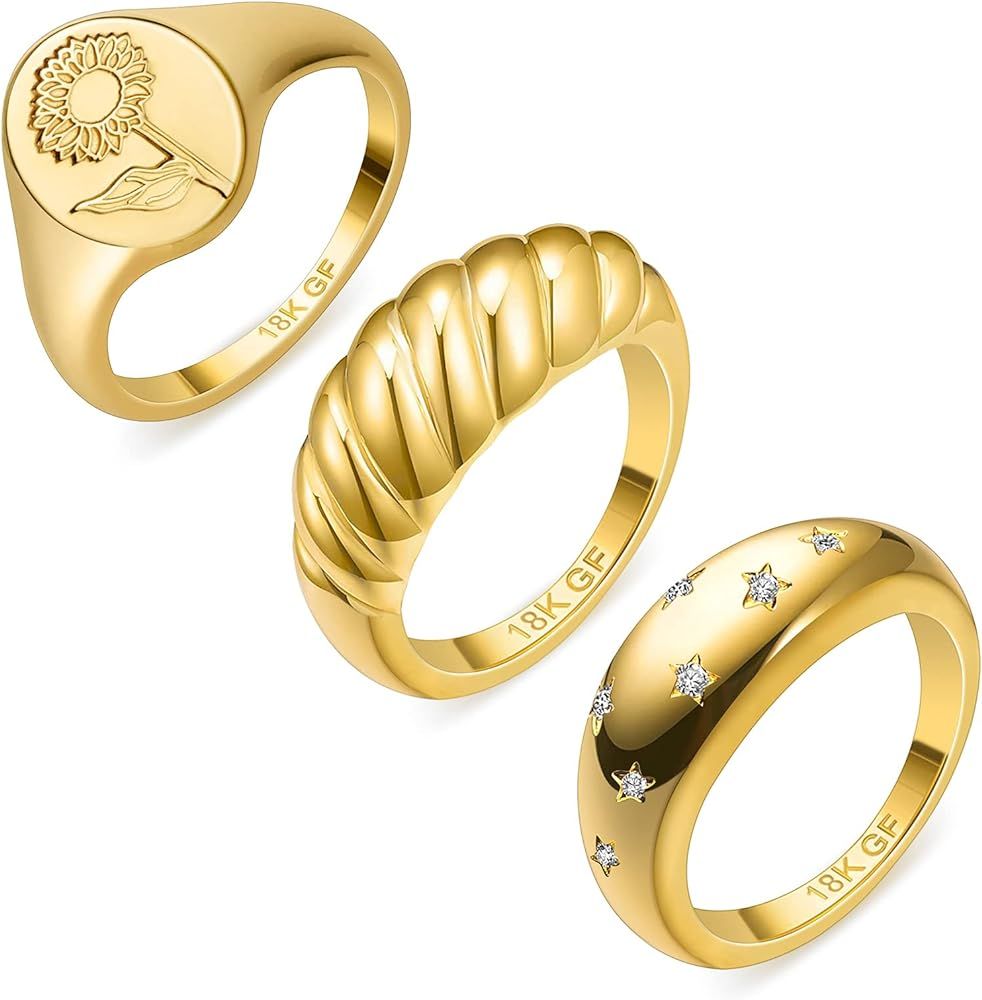3PCS 18k Gold Plated Croissant Braided Twisted Signet Chunky Dome Ring Stacking Band for Women Je... | Amazon (US)