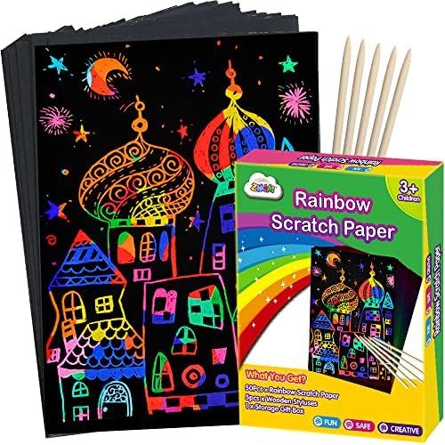 ZMLM Scratch Paper Art Set, Rainbow Magic Scratch Paper for Kids Black Scratch it Off Art Crafts Kit | Amazon (US)