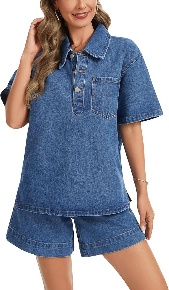 Ladyful Womens Summer Denim Sets Two Piece Outfits Short Sleeve Jean Shirt Top and High Waist Den... | Amazon (US)