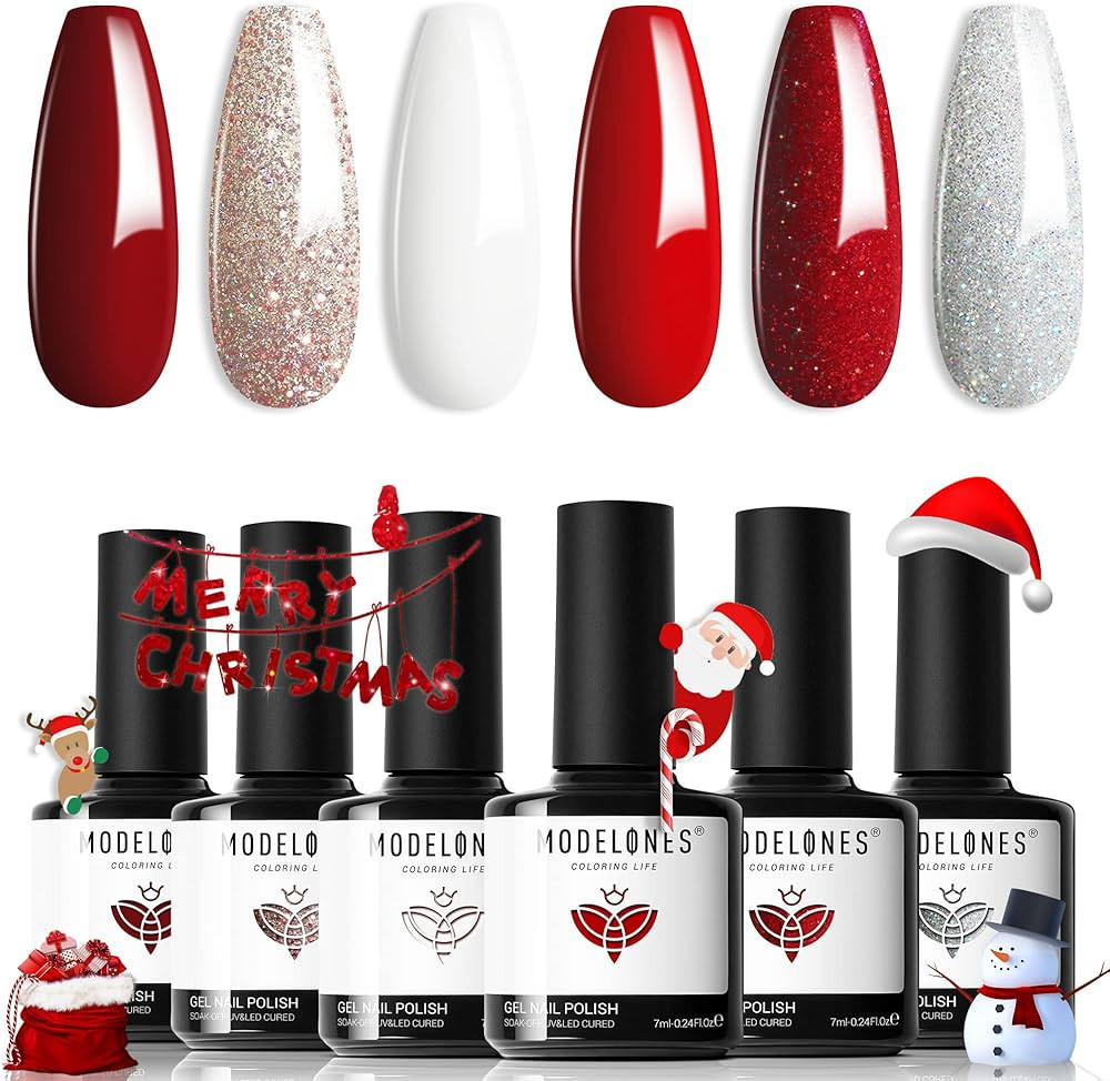 modelones Red Gel Nail Polish Set 6 Colors, White Glitter Christmas Sparkle Bright Burgundy Dark ... | Amazon (US)