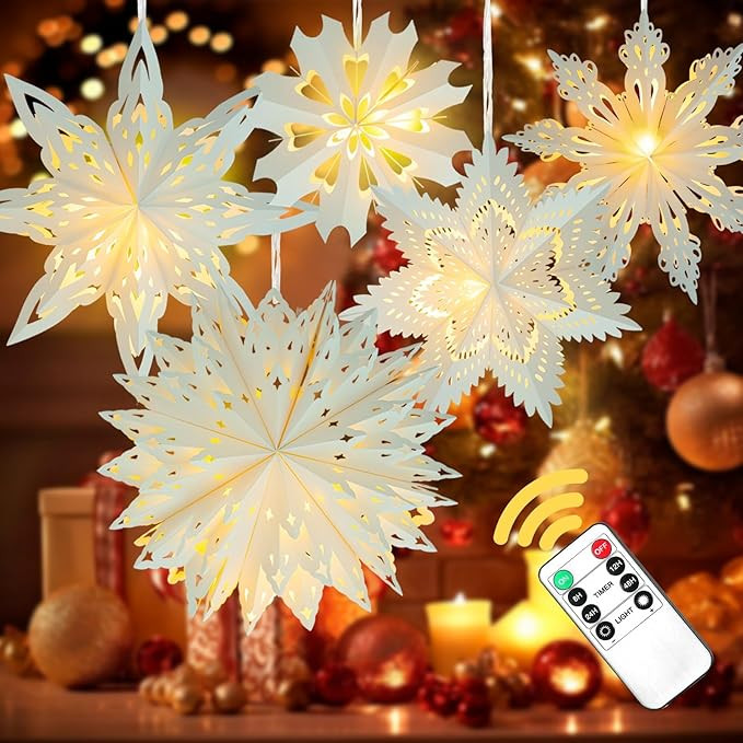 5 Pack Christmas Paper Snowflake Lanterns, Christmas Paper Star Lantern with LED Light White Hang... | Amazon (US)