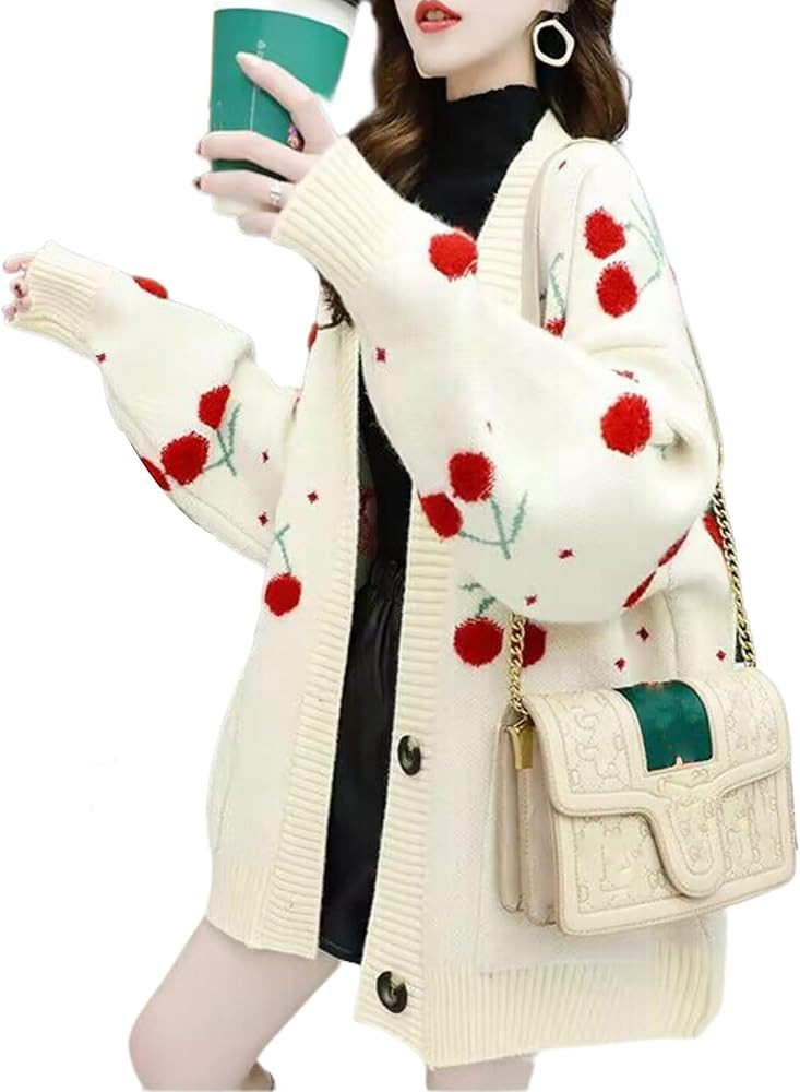 FindThy Women’s Fuzzy Cherry Knitted Cardigan Long Sleeve Button Up Kawaii Cardigans Tops | Amazon (US)