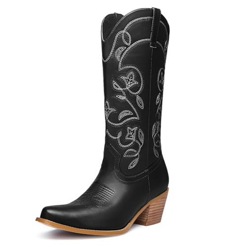 GOSERCE Women's Western Cowboy Cowgirl Boots Floral Embroidery Pointed Toe Mid Calf Chunky Heel 2.5" Pull-On Fashion Boots Black,10 | Amazon (US)